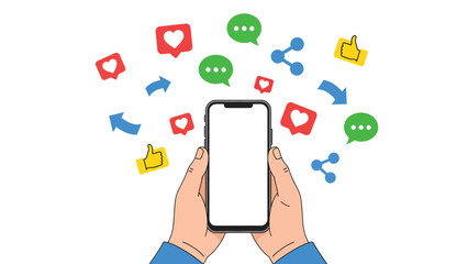 Connected World in Hand: A digital connection is formed, as a smartphone displays the latest communications. A user's hands hold the device, while vibrant icons representing likes, messages.