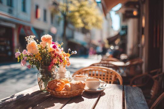 Charming outdoor caf&eacute; scene with fresh flowers, pastries, and coffee in a sunny city street