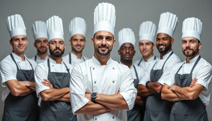 Diverse group of chefs in white uniforms and tall hats stand together, arms crossed. They pose confidently in a studio against a plain grey backdrop, representing culinary expertise and teamwork.
