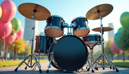 Black drum kit sits outdoors in a park with colorful balloons floating in the background. City buildings visible behind trees. Sunny day, urban setting for music.