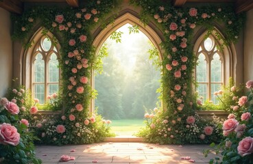 Fototapeta premium Beautiful arched opening framed by lush green vines and pink roses. Sunlight streams through gothic windows, illuminating a serene garden view. Stone floor scattered with fallen rose petals.
