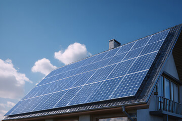Solar panels installed on a rooftop capture sunlight for renewable energy production in a clear blue sky