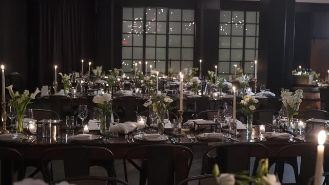 Formal Long Table Dinner In Loft, Event Planner Finalizing Seating, MaTre D Adjusting Candles, Caterer Inspecting Glassware Candlelit