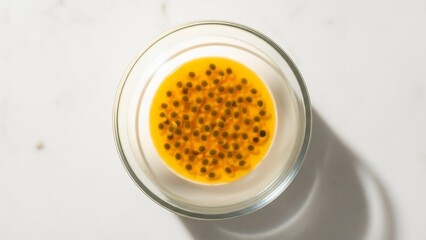 Overhead shot of passion fruit dessert in glass bowl.