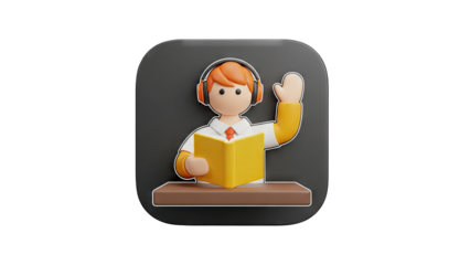 3D Cartoon Student Reading and Raising Hand in Classroom