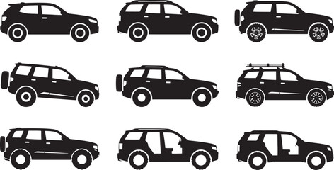 Fototapeta premium Nine black vector silhouette S U V cars with different features and designs vehicle