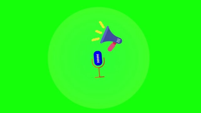 Animation of microphone and speaker icons in smooth motion for communication, meetings, and corporate audio workflows in greenscreen background