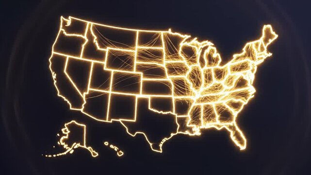 Glowing yellow outline map of the United States with connected lines on a dark background, showcasing state borders and geographic connections.