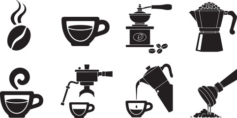 Collection of nine minimalist black coffee related icons and symbols bean steam