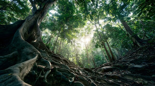 Sunlight streams through dense canopy illuminating massive exposed tree roots in a rainforest setting