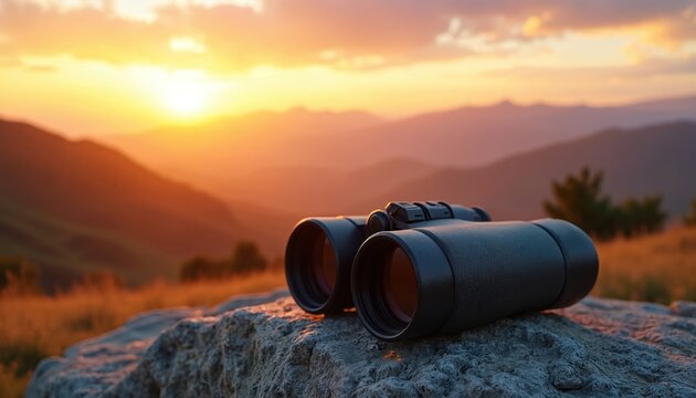 Binoculars rest on a rock overlooking mountains at sunset. Golden hour light bathes the landscape. The view suggests exploration and future discovery.