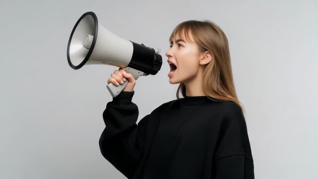 Confident female activist uses a megaphone to make an announcement, standing out against a minimalist backdrop. Her assertive pose symbolizes leadership, empowerment, and modern communication