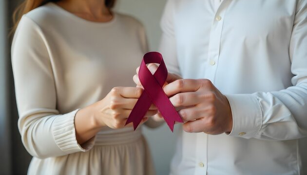 Hands holding a red ribbon signify hope and support during Multiple Myeloma Awareness Month and blood cancer awareness
