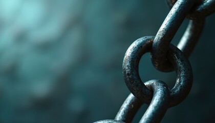 Close-up of rusty metallic chain links on a dark blue abstract background. These durable metal loops show texture, strength, and connection, symbolizing industry.