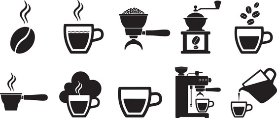 Collection of nine black minimalist coffee making icons and symbols coffee bean coffee cup