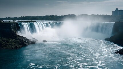 Obraz premium Massive curtain of cascading water plunges into a churning river below a cloudy sky