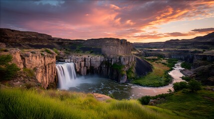 Grand canyon landscape features powerful waterfall at dramatic sunset