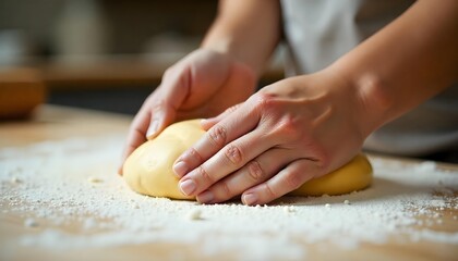 A person kneads dough on a table, celebrating the art of homemade baking during National Flour Month and Healthy Eating