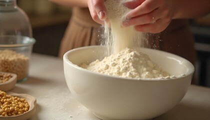 Fototapeta premium A person incorporates flour into a bowl, highlighting the joy of baking for National Flour Month and the importance of nutrition