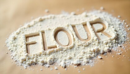 Flour word displayed on a brown background, emphasizing National Flour Month and the art of homemade baking