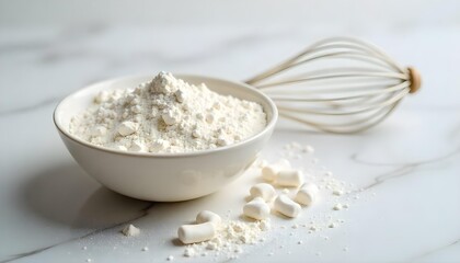 A bowl of flour accompanied by a whisk and spoon, celebrating National Flour Month and the art of artisan baking