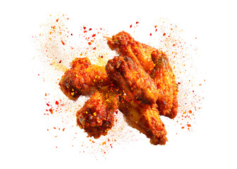 Super Dynamic Hot & Spicy Chicken Wings Exploding with Chili Powder isolated on a transparent background