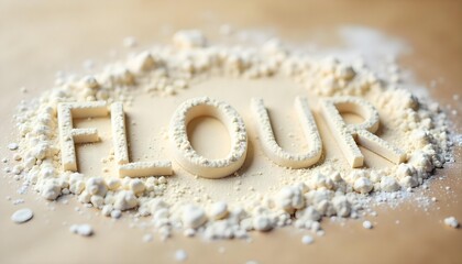 Word flour crafted from flour on a brown background, celebrating National Flour Month and baking traditions