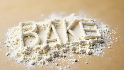 The word BAKE formed from flour against a brown backdrop, highlighting themes of baking and healthy eating