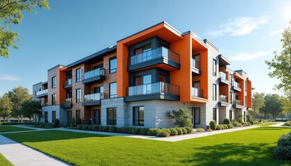 Obraz premium Modern apartment block with wood and stone accents. Orange features add contrast to grey facade. Balconies overlook green lawn. Sunny day in residential neighborhood.