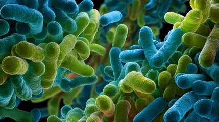 Microscopic view depicts a dense cluster of rod-shaped microorganisms rendered in vibrant blue and green hues