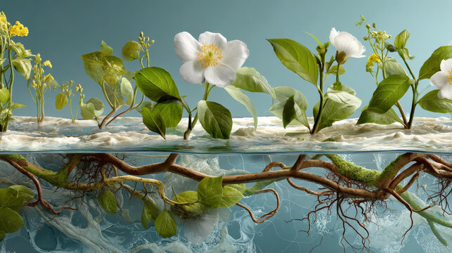Oxygen and Production concept ,Plants with roots in water, showcasing Earth oxygen cycle. Lush greenery and flowers create serene scene