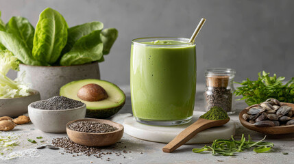 Probiotic and Prebiotic concept ,refreshing green smoothie with avocado, chia seeds, and leafy greens on marble surface