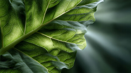 Fototapeta premium Chlorophyll process concept ,Close up of green leaf with sunlight highlighting its veins, creating vibrant and natural texture