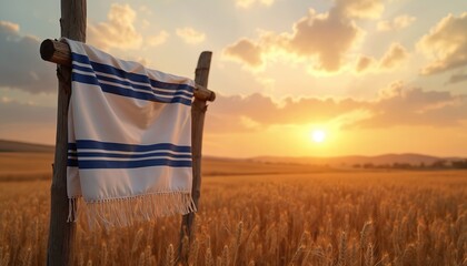 Jewish prayer shawl hangs on wooden post in golden wheat field at sunset. Warm light shines on rural landscape. Religious garment signifies faith and tradition in nature setting.