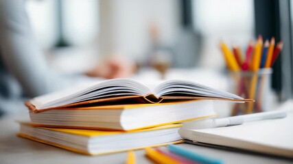 A close up of an open book with stacked notebooks and vibrant pencils on a table, suggesting active studying. The scene captures a focused academic atmosphere in contemporary education - Powered by Adobe