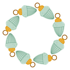 Vector illustration of a circular decorative frame made of hand drawn holiday elements. Festive and cozy wreath design perfect for Christmas and New Year cards, invitations, packaging, stickers.