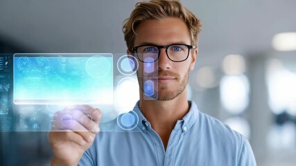 A stylish male professional uses advanced augmented reality technology, engaging with a transparent digital screen. The scene highlights innovation, smart solutions, and future workplace trends - Powered by Adobe