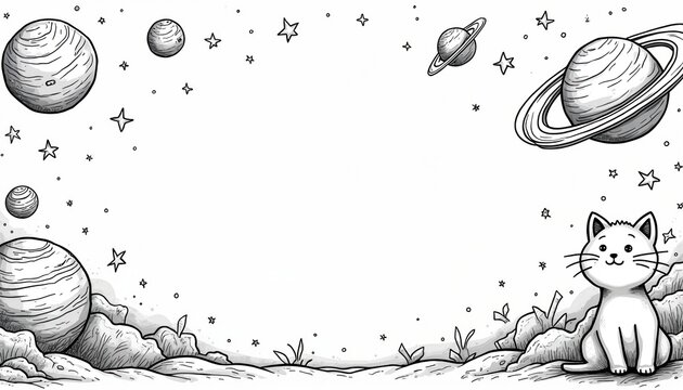 Cute cat sits on planet surface with planets and stars in sky. Whimsical space border design. Simple doodle art for kids. Cosmic background.