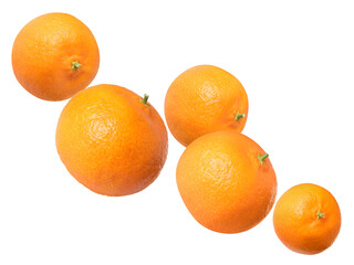 Fresh juicy tangerines flying in air on white background