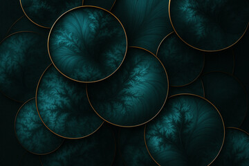 AI generated abstract fractal artwork with layered teal circular forms golden flowing lines and deep textures creating a mysterious luxurious modern background with depth balance and calm energy