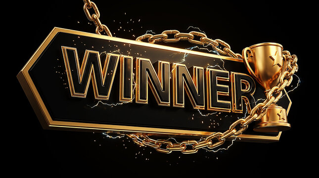 Golden WINER Typography with Trophy Chain and Electric Energy on Black Background