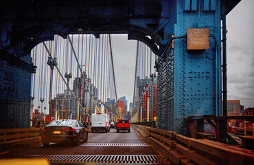 Iconic Manhattan Bridge Steel Structure with Moody Skyline Vibe. Industrial Design Framing Cinematic New York City Skyline