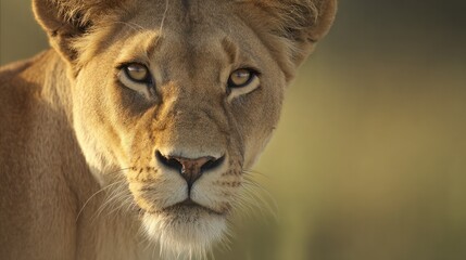 Close-up portrait of a lioness with an intense gaze, bathed in golden savanna sunlight. wildlife magazines, conservation campaigns, designed for nature documentaries and education.