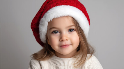 Cute little child girl wearing red Santa hat and white sweater smiling for Christmas holiday portrait