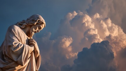 Fototapeta premium Marble religious figure with flowing hair and beard stands in prayer against a dramatic sky backdrop.