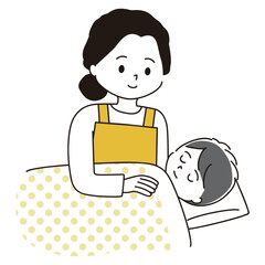 すやすやと眠る男の子を見守る女性のイラスト