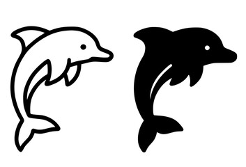 Seafood icon, dolphin illustration, black and white, outline and silhouette versions