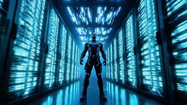 A silhouette in a dark armored suit stands before blue-lit server racks in a high-tech data hall.AI