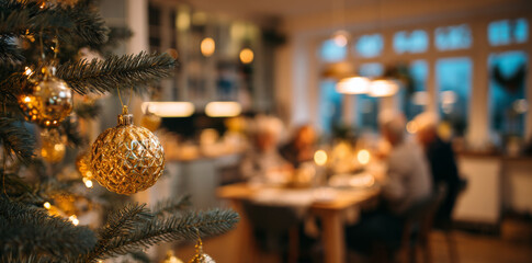 Christmas tree adorned with golden ornaments shines warmly in foreground while family enjoys cozy dinner in softly lit room