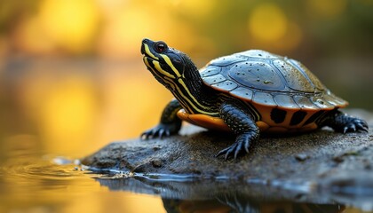 Obraz premium Small turtle rests on wet rock near water. Reptile has yellow stripes on head and dark patterned shell. Blurred golden background suggests peaceful natural setting.